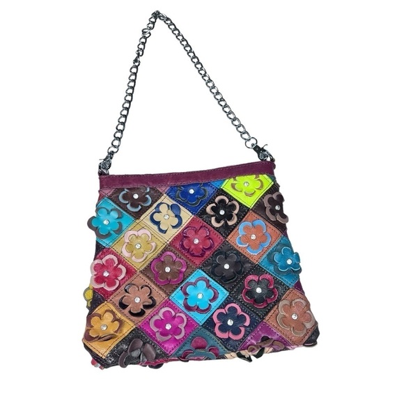 Multi-colored 3D Floral Leather Rhinestone Shoulder Bag Clutch Bag - Picture 1 of 16